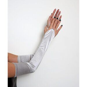 Women's Silver Finger Loop Fingerles Long Satin Gloves Bridal Wedding Party Prom
